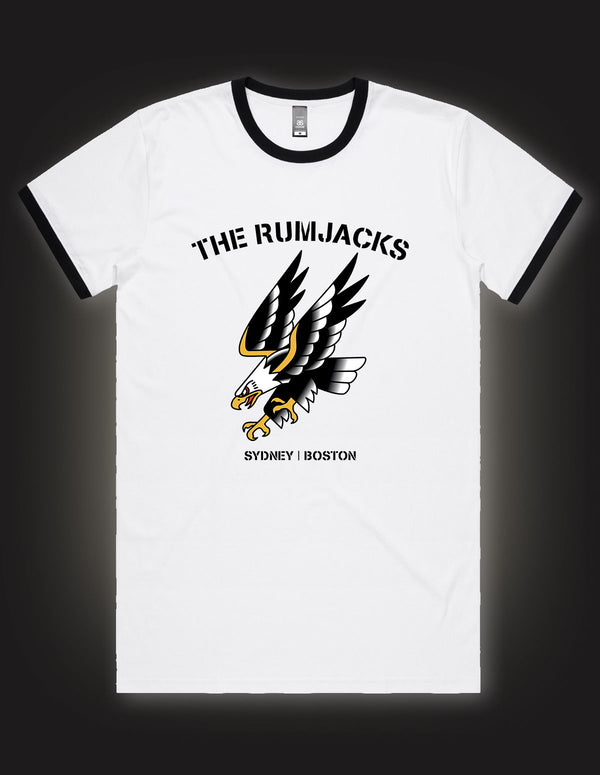 THE RUMJACKS "Eagle" Ringer T-Shirt WHITE/BLACK